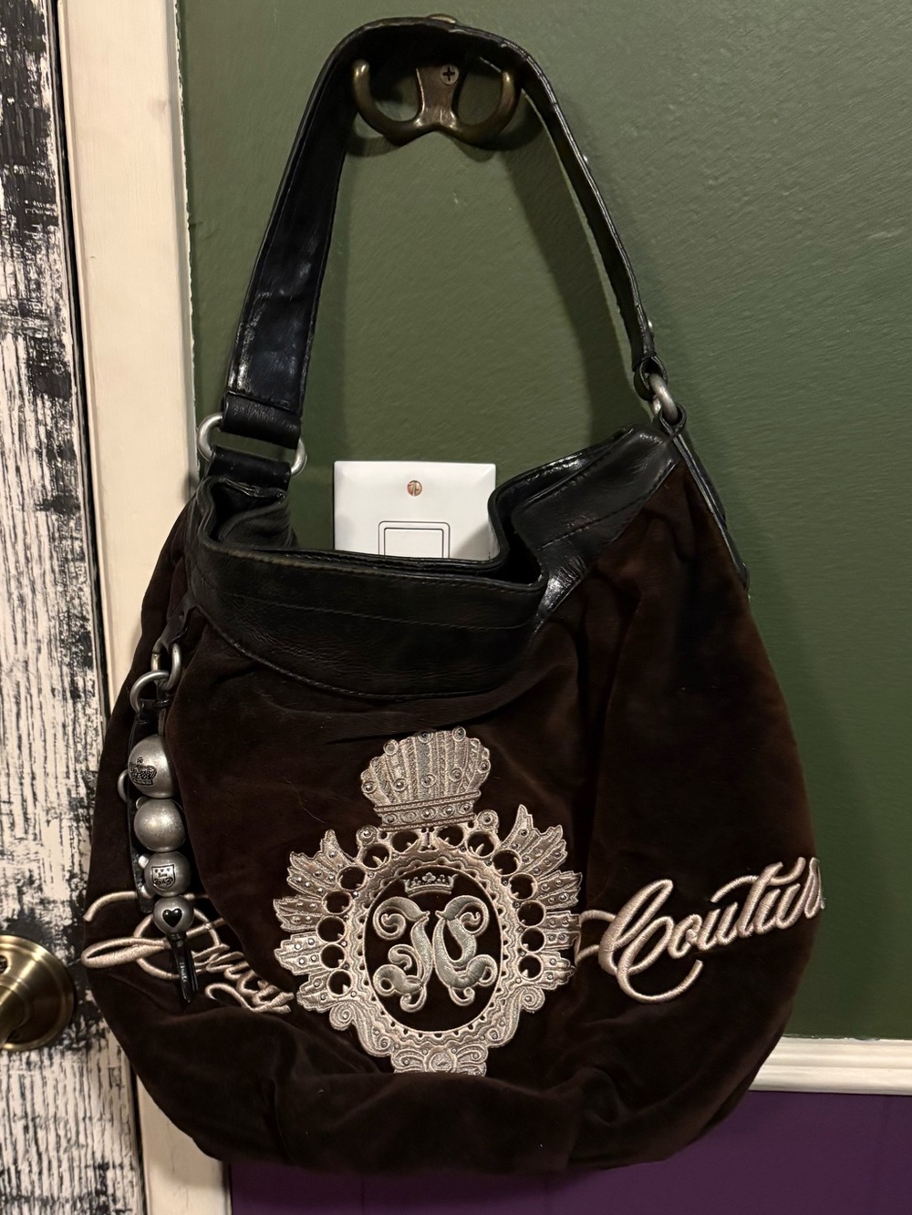 Vintage y2k Juicy Couture Brown Velvet Hobo Bag with Cream Embroidered Crest